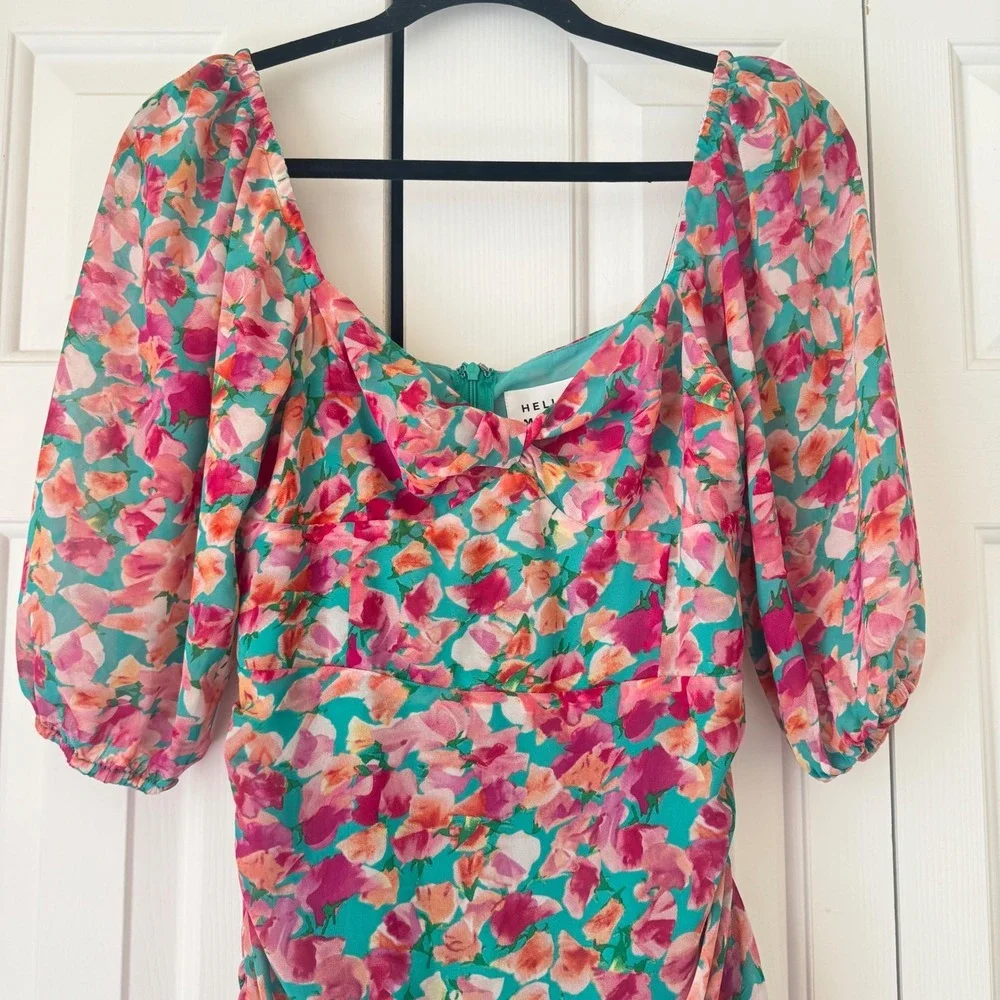 Hello Molly Teal Pink Floral Ruched Puff Sleeve Mini Dress Size 6 US 10 AU